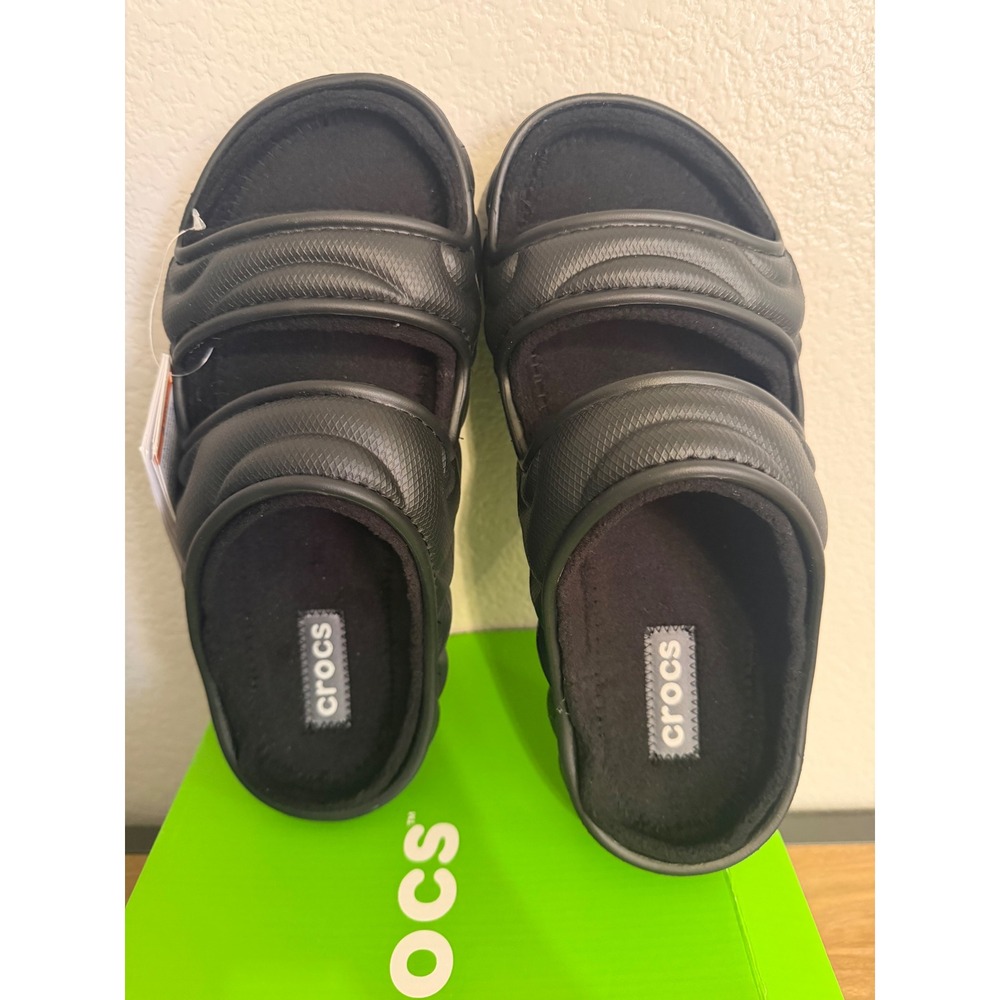 Crocs Classic Cozzzy Overpuff Sandal Black Puffer Fuzzy Lined Slide W9